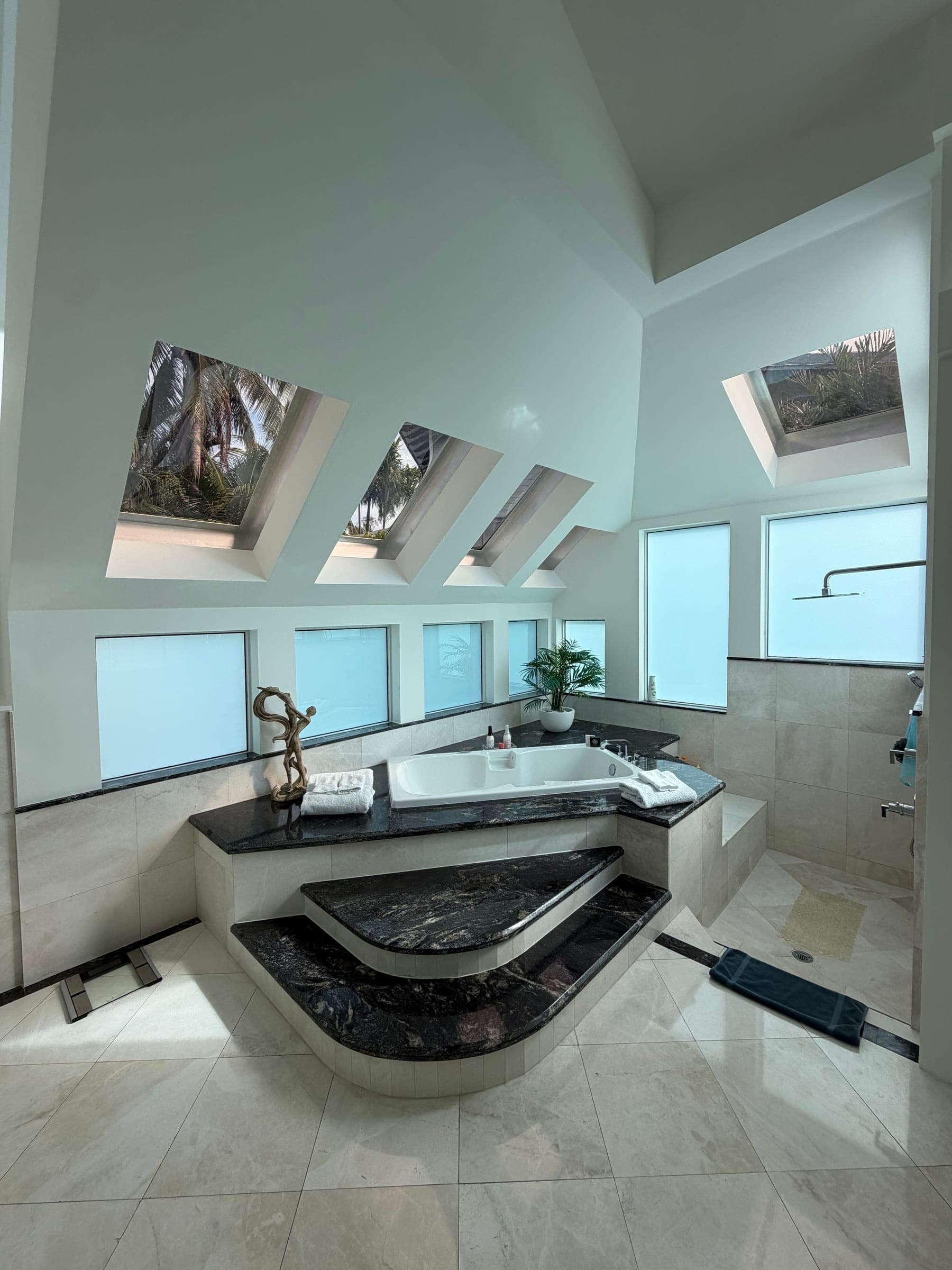 Renovated primary bathroom with sunken tub, black granite steps, and skylights