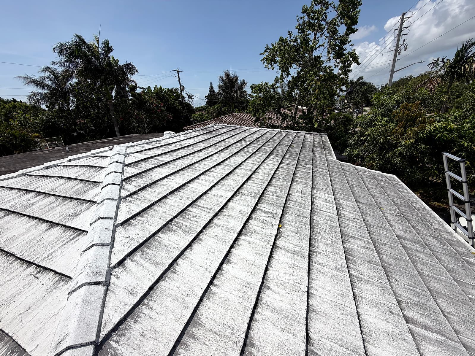 Existing roof coating before the shingle and modified bitumen roof replacement